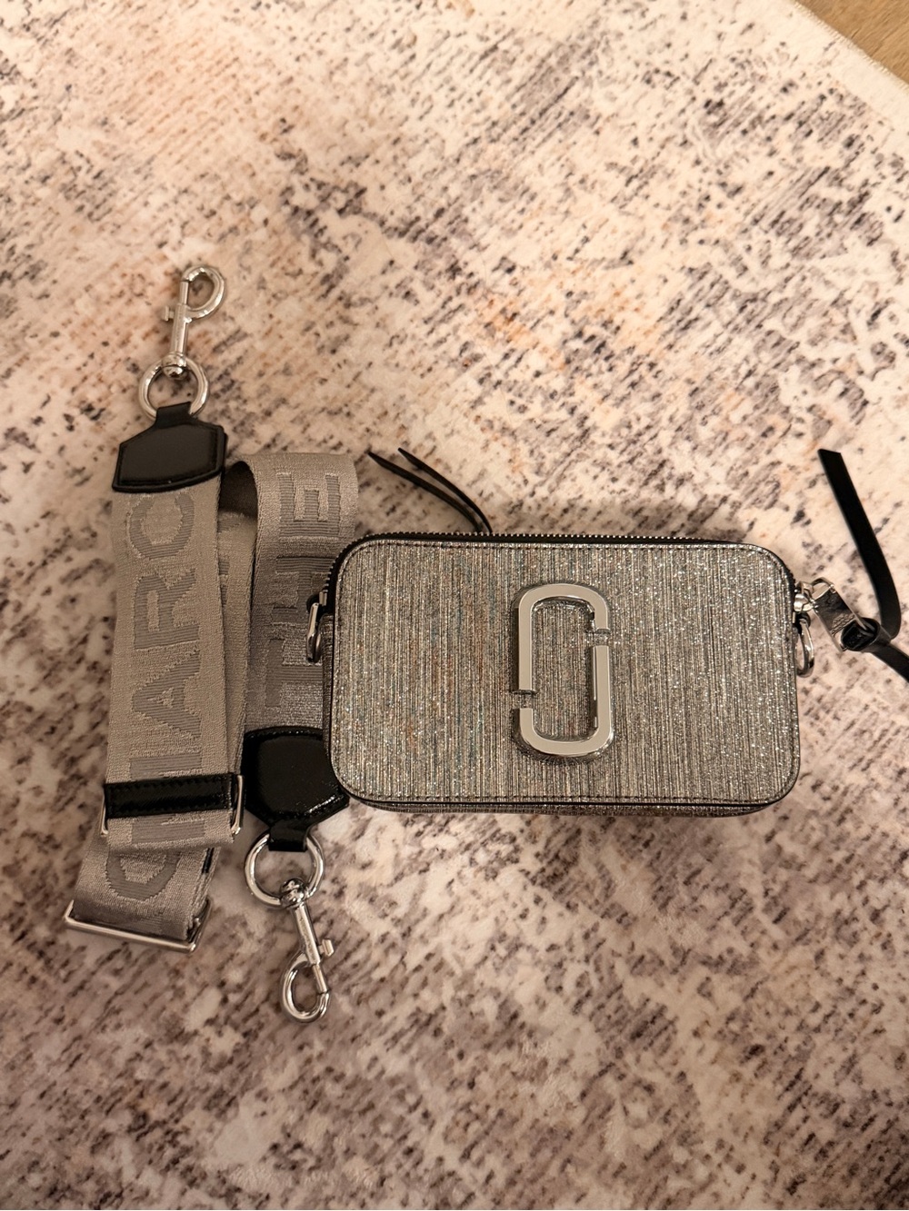 Marc Jacobs Silver Glitter Snapshot Crossbody with Wide Logo Strap